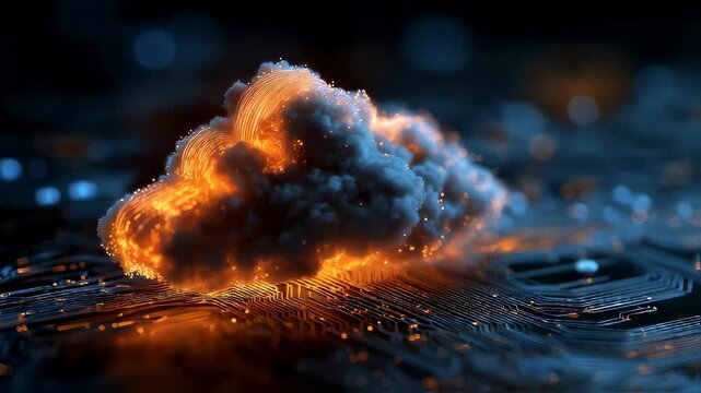 Futuristic glowing cloud icon on digital circuit board background, symbolizing modern cloud computing technology