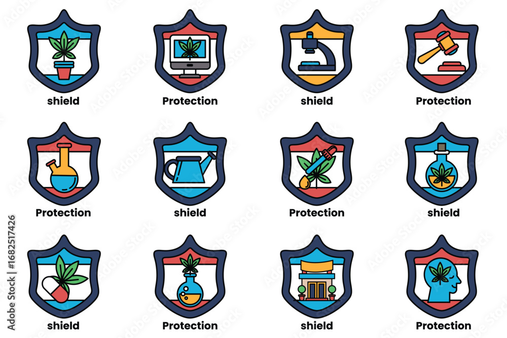 Poster a set of 12 shields with different symbols and colors