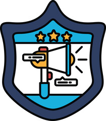 A blue shield with a microphone and three stars on it