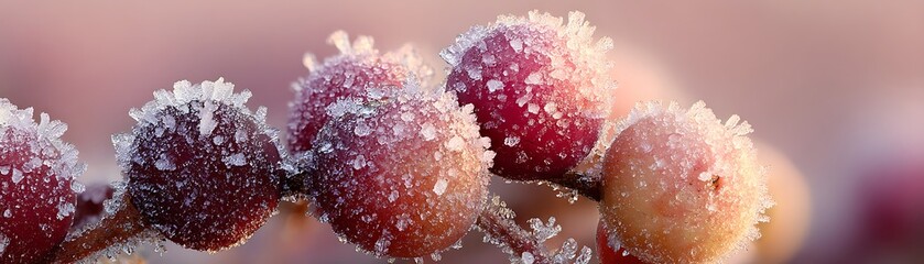 Frozen Berries Red berries covered in frost on a branch, with soft, pink background