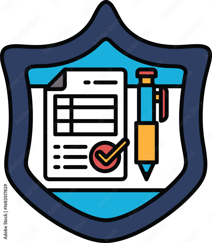 Poster a shield with a pen and a piece of paper with a check mark on it