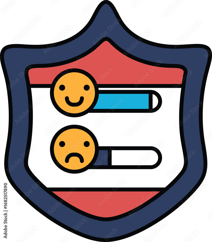 Poster A shield with two faces on it, one with a frown and the other with a smile