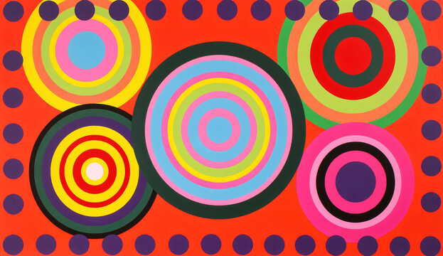 colores que sugiere una celebraci&oacute;n de la abstracci&oacute;n geom&eacute;trica, sobre un fondo rojo brillante bordeado por c&iacute;rculos espaciados uniformemente.