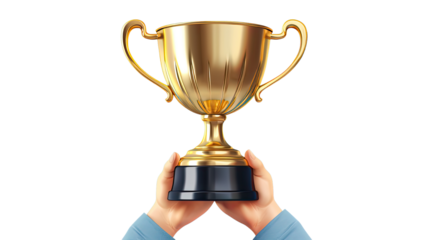 Hand holding bright shiny gold trophy cup award achievement isolated on white background
