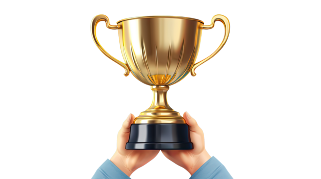 Hand holding bright shiny gold trophy cup award achievement isolated on white background