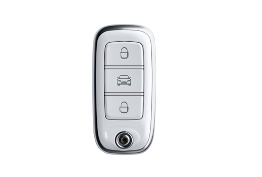 White car key with three buttons and silver accents