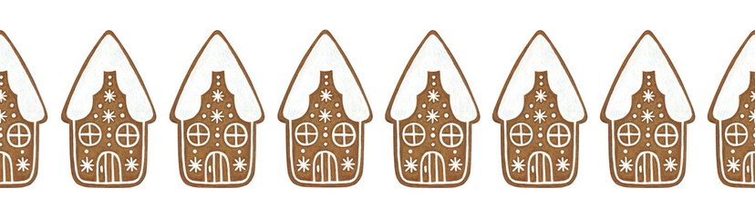 Gingerbread houses holiday seamless border. Christmas illustration for decoration of tables photo zones shop windows and cafes for winter holidays.