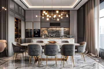 Elegant Dining Room and Kitchen Interior with Luxurious Marble Accents and Striking Lighting Design