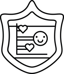 A shield with a smiling face and hearts on it