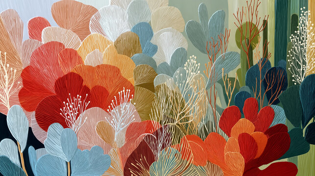 사막의 다양한 식물을 자수 장식으로 표현한 추상적 배경-사막의 다양한 식물을 자수 장식으로 표현한 추상적 배경