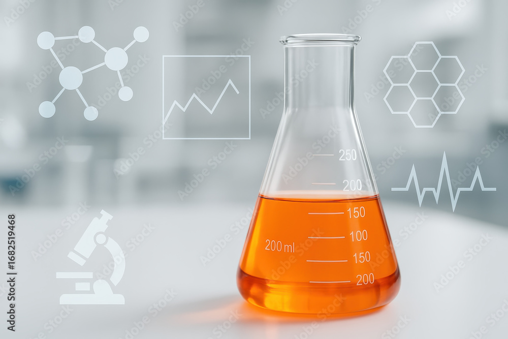 Poster laboratory glassware filled with orange liquid stands on table in chemistry experiment setting with 