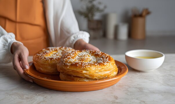Two Fatir traditional layered flatbreads, medium thickness like puff pastry flatbread