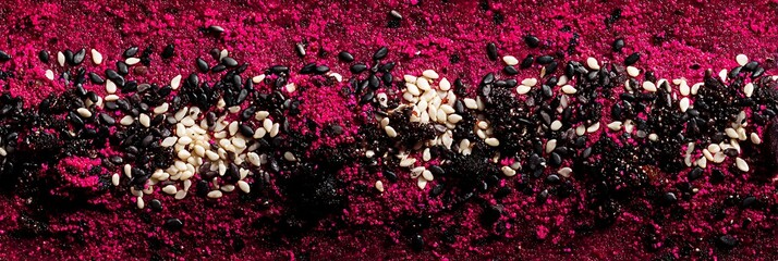 Crimson powder ground with mixed seeds in a row, close-up macro