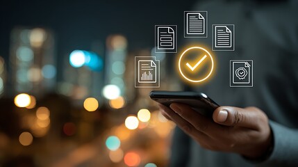 Person verifying documents on their smartphone at night.