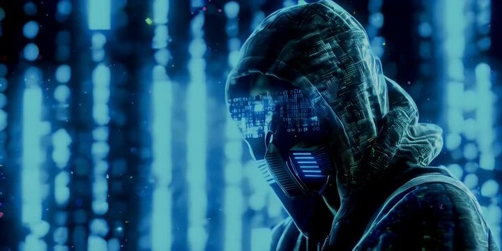 Hacker with digital effects, dark background.