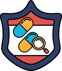 A blue and red shield with a magnifying glass and pills on it