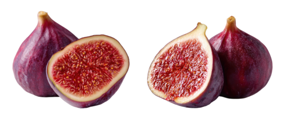 Two halved figs, deep purple with red interior,  isolated on black