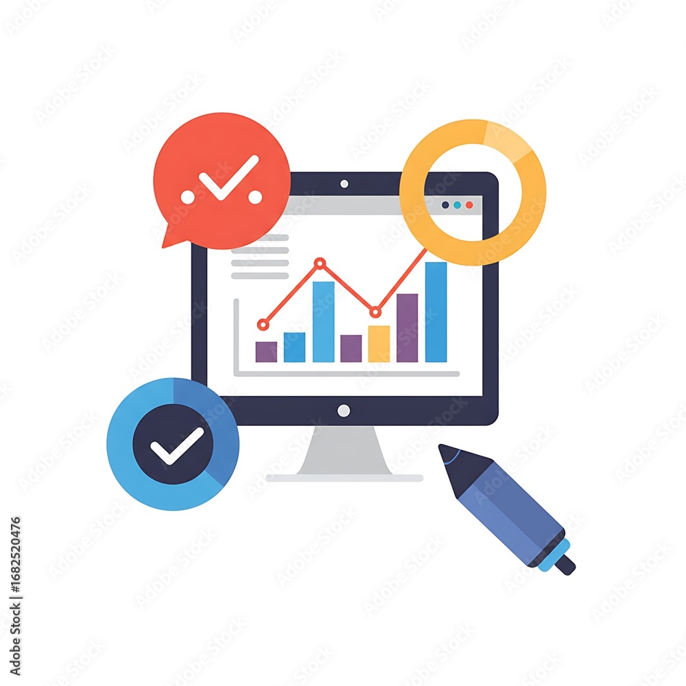 Poster flat design concept of data analysis, showing a computer screen with charts, graphs, checkmarks, and