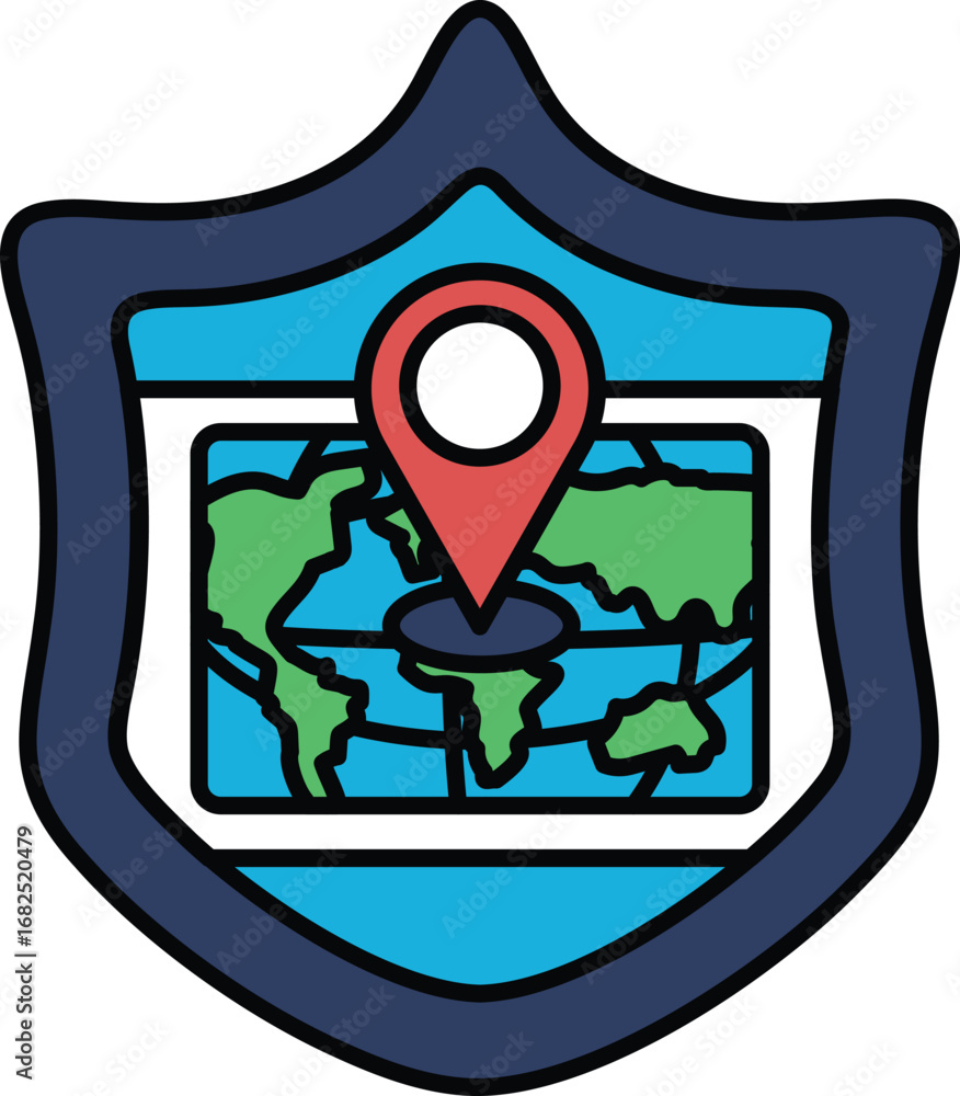 Poster a blue shield with a red dot on it and the word 