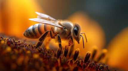 ai close-up view of a bee collecting pollen from a sunflower during a warm summer day