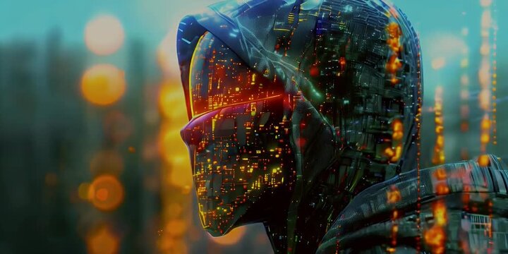 Hacker with digital effects, dark background.