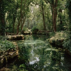 Obraz premium Lush forest stream, tranquil reflections