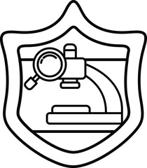 A black and white drawing of a microscope with a magnifying glass