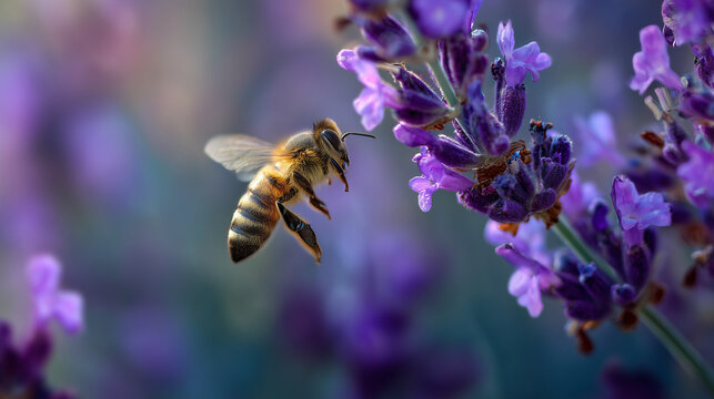 ai honey bee collecting nectar from lavender flowers during a sunny afternoon in a garden - Powered by Adobe