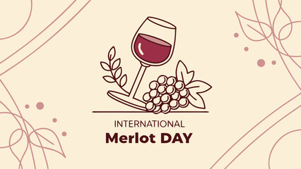 International Merlot Day Vector Illustration, Stylized Wine Glass with Grapes and Vine Leaves, Elegant Modern Design