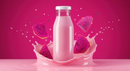 Refreshing pink dragon fruit smoothie in a glass bottle with a dynamic splash showcasing vibrant tropical flavors and healthy refreshment