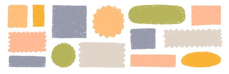 Doodle brush crayon shape frame set. Hand drawn paint box, circle border label, pastel text frame in rough chalk brush texture. Cute color scribble square, round shape background. Vector illustration