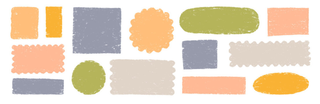 Doodle brush crayon shape frame set. Hand drawn paint box, circle border label, pastel text frame in rough chalk brush texture. Cute color scribble square, round shape background. Vector illustration