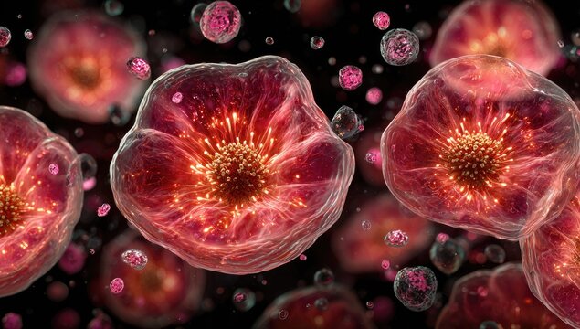 Red cells, glowing structures, microscopic