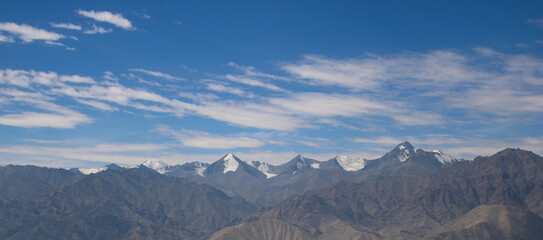 Mountain peaks of the Zanskar Range seen from Leh Palace, India.