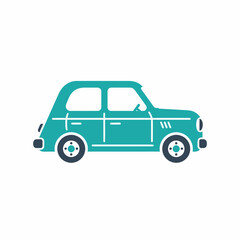 Fototapeta premium A simple graphic illustration of a retro-style compact car in teal and dark grey, seen from a side profile.