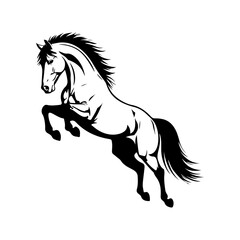 Black and white illustration of a running horse. Monochrome image of a horse. Design element for logo, sign, poster, emblem. Vector illustration