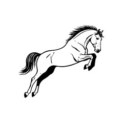 Black and white illustration of a running horse. Monochrome image of a horse. Design element for logo, sign, poster, emblem. Vector illustration