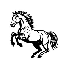 Black and white illustration of a running horse. Monochrome image of a horse. Design element for logo, sign, poster, emblem. Vector illustration