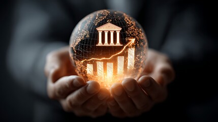 Hands holding a glowing globe with bank and growth chart.