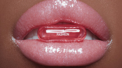 Pink glossy lips holding a translucent red capsule pill  "FASHION"