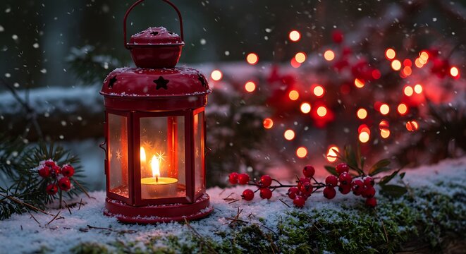 A vintage red lantern glows warmly on a snowcovered surface with blurred festive lights in the background - Powered by Adobe