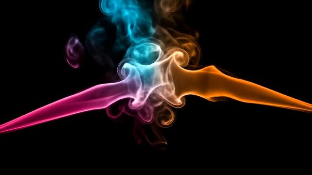 A dynamic display of colorful smoke patterns against a black background.