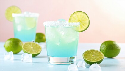 Two bright blue cocktails with salted rims & lime garnish sit among limes & ice cubes on a blue surface, against a soft pink gradient backdrop
