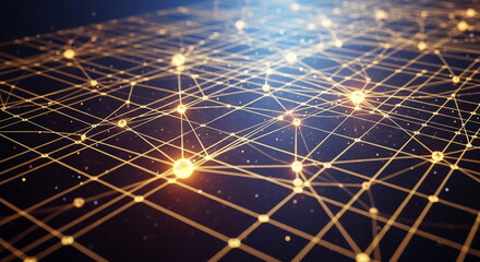 Dynamic network of interconnected nodes representing data flow, technology, and innovation concept