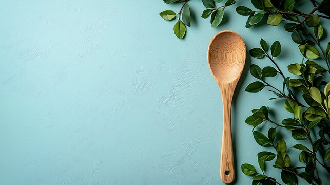 Flat lay eco-food background with simple wooden spoon on light pastel desk, clean empty space for text, organic diet, fresh ingredient and healthy vegetarian lifestyle design.