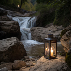 A candle lantern on rocks with waterfall background