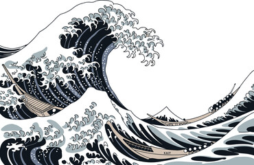 Great Wave off Kanagawa artwork, traditional Japanese ukiyo-e style, ocean wave with boats, Hokusai wave illustration, Mount Fuji background, stormy sea art, vintage woodblock print