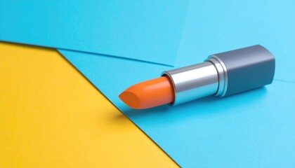 Close-up of an orange lipstick with a silver case on a diagonally divided background, one section blue, the other yellow. Cosmetics still life