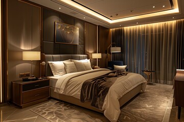 Elegant Hotel Suite: Luxurious Bedroom Interior with Soft Lighting and Sophisticated Design Elements