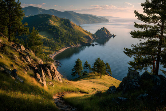 Great Baikal Trail. Popular route along lake Baikal hore from Listvyanka to Bi Koty. Lake Baikal coast, ill with forest, water bay Summer travel, discovery f beauty of Earth. Siberia Russia